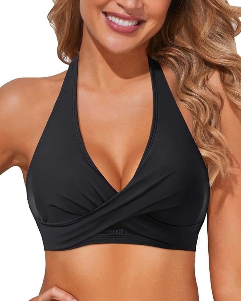 Holipick Black Halter Plunge Bikini Top Self-Tie Padded NWT Size S